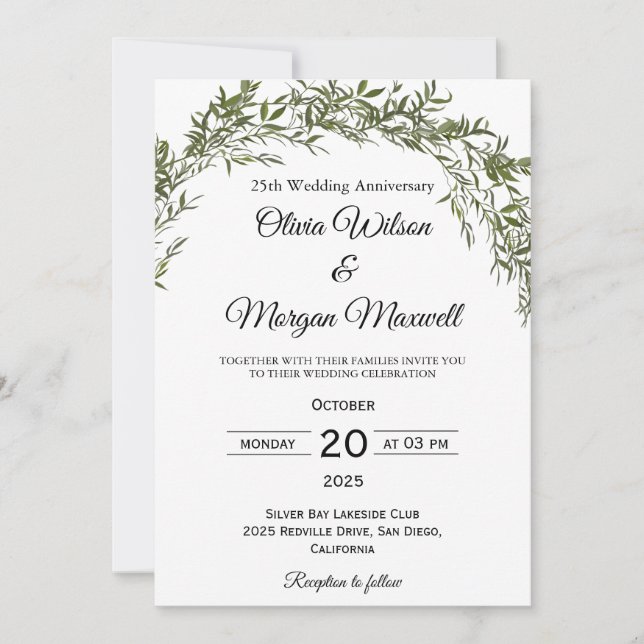 Invitación Aniversario del Boda moda Classic Greenery (Anverso)