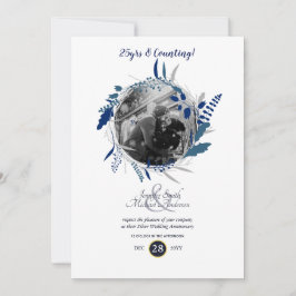 Invitación Aniversario del Boda moderno FOTO Wreath azul