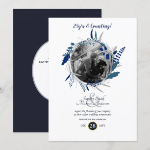 Invitación Aniversario del Boda moderno FOTO Wreath azul