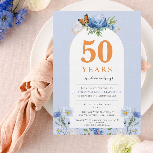 Invitación Aniversario del Boda naranja azul Delicate Florals (Subido por el creador)