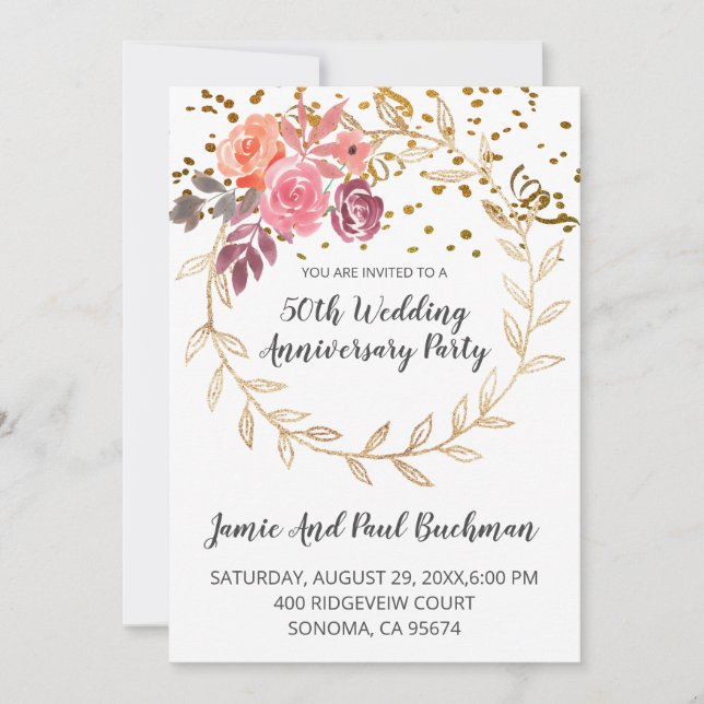 Invitación Aniversario del Boda Purpurina de la guirnalda flo (Anverso)