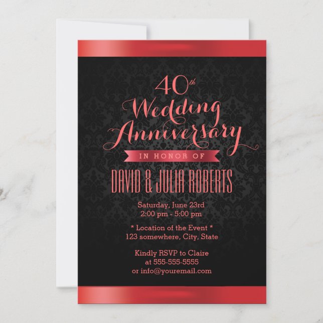 Invitación Aniversario del Boda Ruby Elegante Damasco Negro (Anverso)