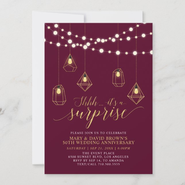 Invitación Aniversario del Boda Sorpresa de las Luces Borgoño (Anverso)
