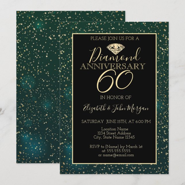 Invitación Aniversario del Boda Verde de los diamantes de Con (Anverso / Reverso)
