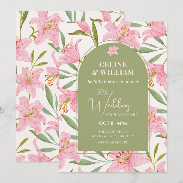 Invitación Aniversario del boda verde rosa de lirio floral pa (Anverso / Reverso)
