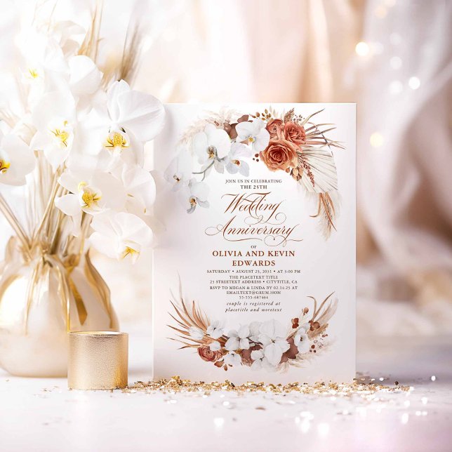 Invitación Aniversario del Boho de la Flor Blanca de Terracot (White Orchids Terracotta Wedding Anniversary Invitations)