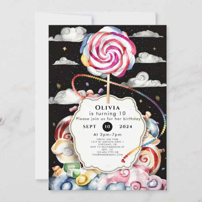 Invitación Aniversario del Candyland caprichoso (Anverso)