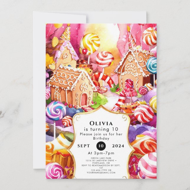 Invitación Aniversario del Candyland Cute Encantado (Anverso)