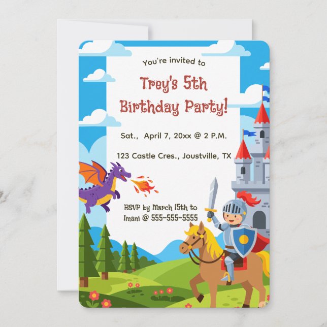 Invitación Aniversario del castillo de Knight Dragon Editable (Anverso)