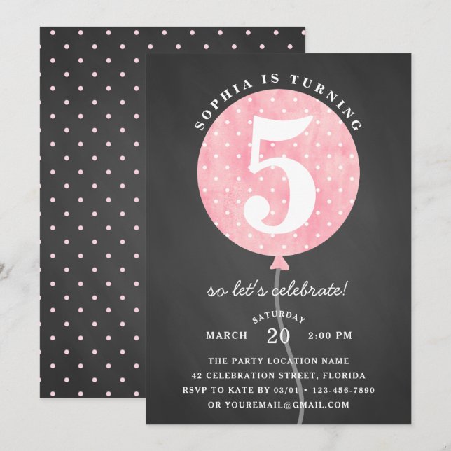 Invitación Aniversario del Chica de globo rosado de pizarra n (Anverso / Reverso)