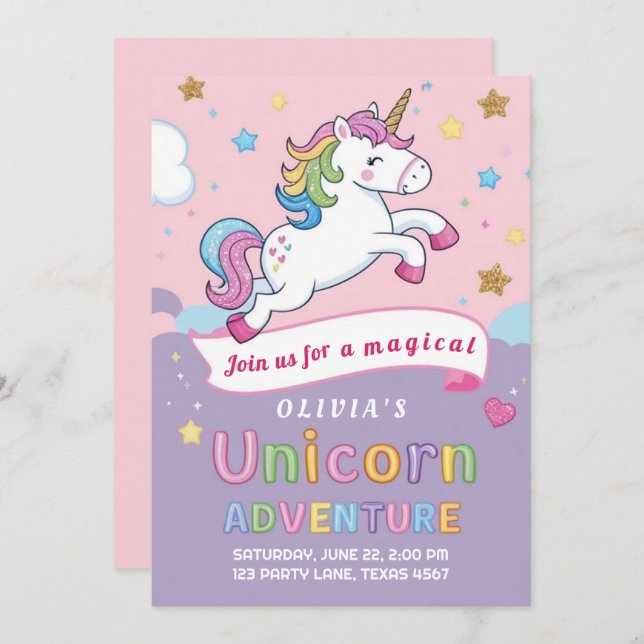 Invitación Aniversario del Chica del arcoiris de Unicornio, l (Anverso / Reverso)