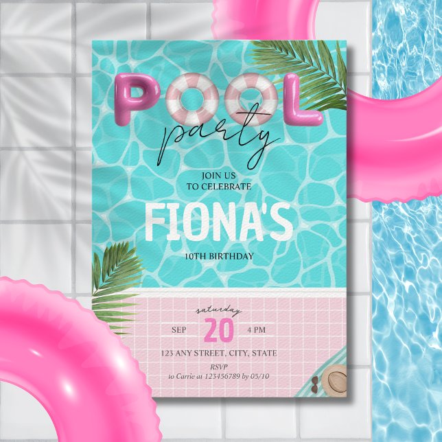Invitación Aniversario del Chica del Fiesta de la piscina (Pool Party Girl's Birthday Invitation)