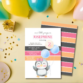Invitación Aniversario del Chica del Globo del Pingüino Cute
