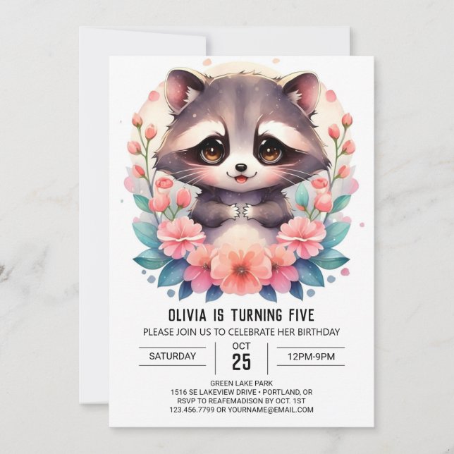Invitación Aniversario del Chica del mapache digital simple (Anverso)