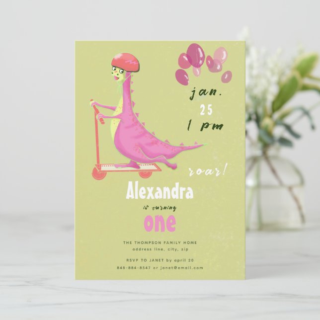 Invitación Aniversario del Chica del Scooter de Dinosaurio Ve (Anverso de pie)