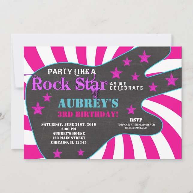 Invitación Aniversario del chica negro rosa estrella de rock  (Anverso)