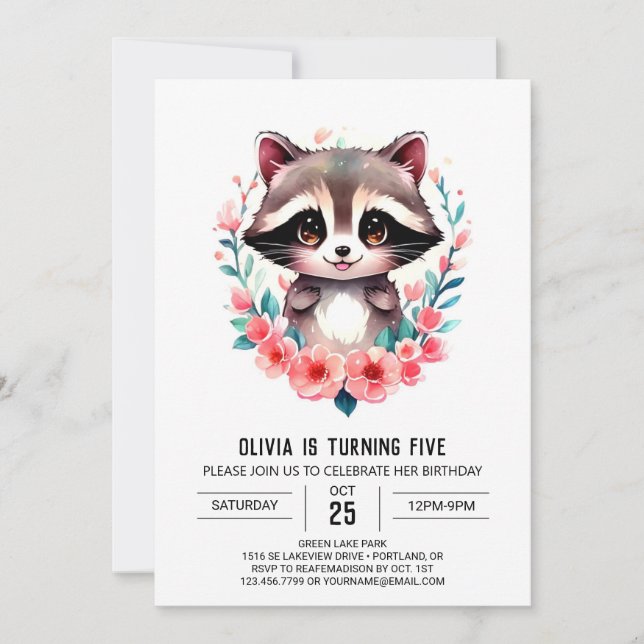 Invitación Aniversario del Chica Raccoon de los Niños Sencill (Anverso)