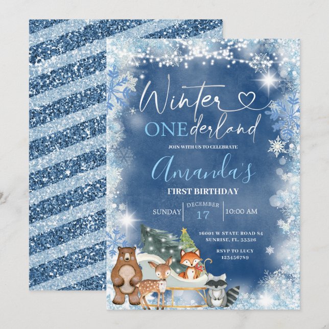 Invitación Aniversario del Copo de Nieve Azul de Onederland (Anverso / Reverso)