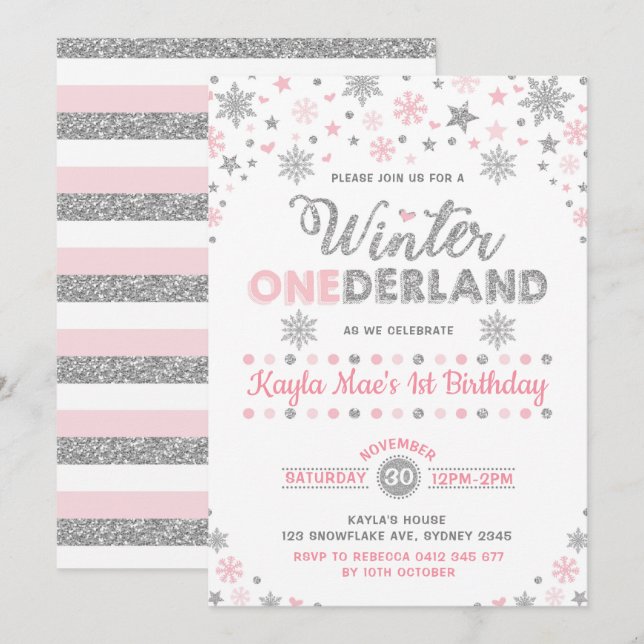 Invitación Aniversario del Copo de Nieve Rosado de la Plata O (Anverso / Reverso)