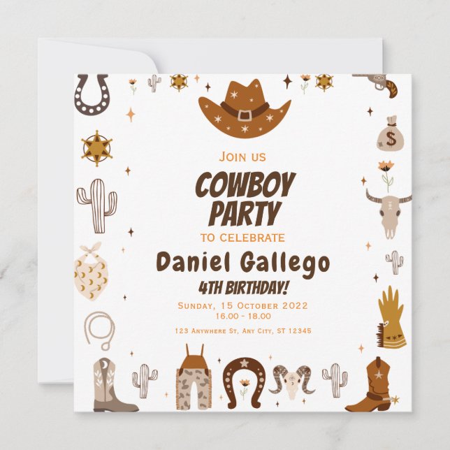Invitación Aniversario del Cowboy de Brown Cute (Anverso)