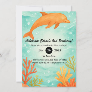 Invitación Aniversario del delfín amarillo naranja y arrecife