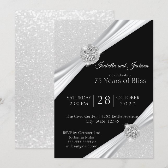 Invitación Aniversario del diamante 75/60 Purpurina blanco (Anverso / Reverso)