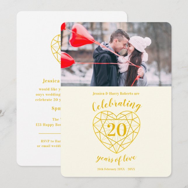 Invitación Aniversario del diamante dorado foto de 20 años (Anverso / Reverso)