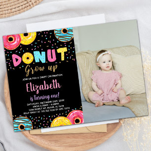 Invitación Aniversario del Donut Verde Rosa Negro con foto