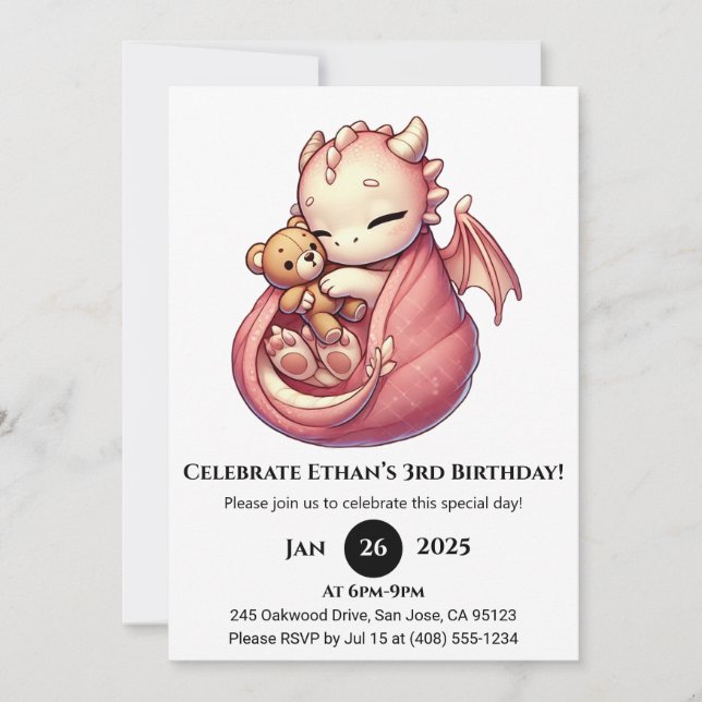 Invitación Aniversario del dragón rosado (Anverso)