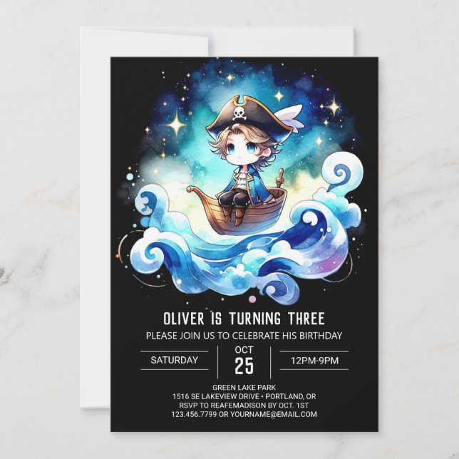 Invitación Aniversario del dulce y suntuoso pirata (Anverso)