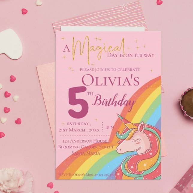 Invitación Aniversario del fallecimiento del Purpurina Rainbo (Magical Rainbow Unicorn Faux Glitter Birthday Invitation)