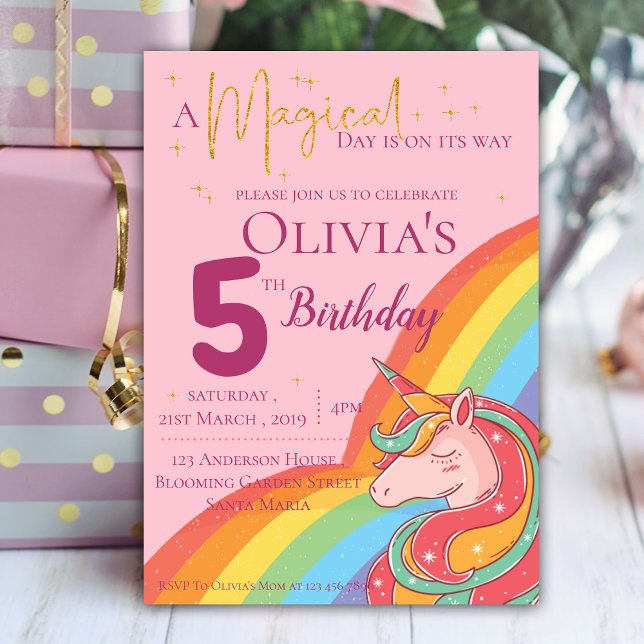 Invitación Aniversario del fallecimiento del Purpurina Rainbo (Magical Rainbow Unicorn Faux Glitter Birthday Invitation)