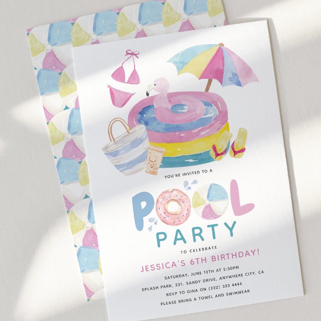 Invitación Aniversario del Fiesta de la Piscina Cute Girly (Cute Girly Pool Party Birthday Invitation)