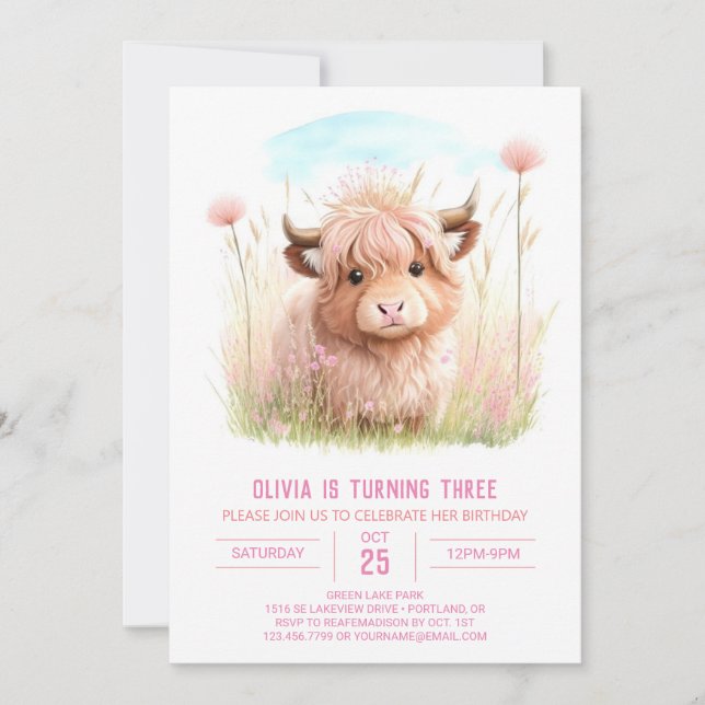 Invitación Aniversario del Fiesta rosa de la vaca rosa de la  (Anverso)