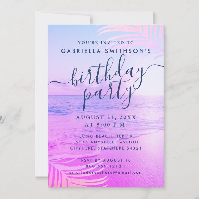 Invitación Aniversario del filtro rosa brillante de la playa  (Anverso)