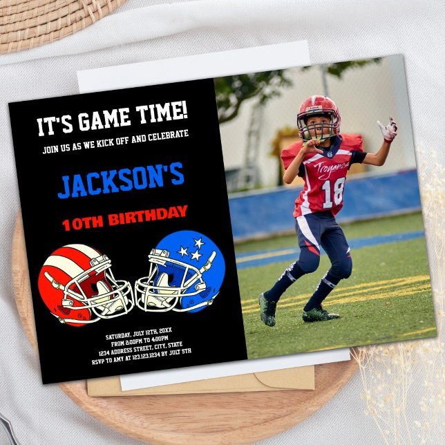 Invitación Aniversario del Fútbol Azul Negro vs Fotos Rojas (Black Blue vs Red Photo Football Birthday Invitation)