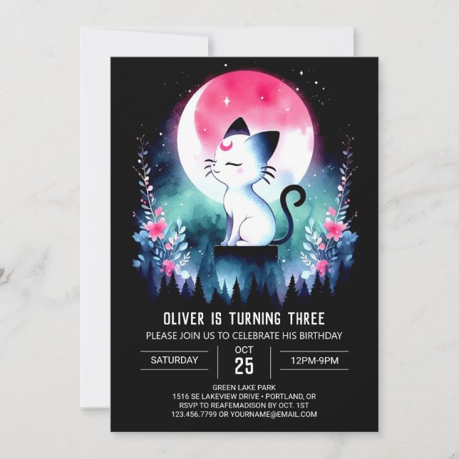 Invitación Aniversario del gato adorable moderno (Anverso)