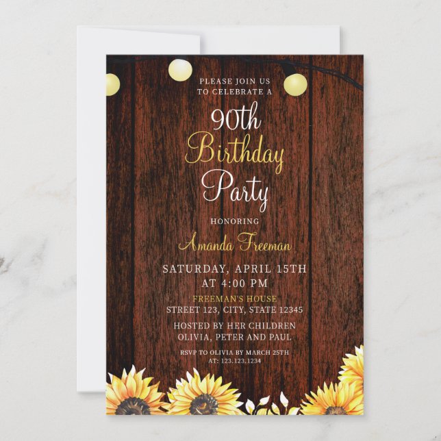 Invitación Aniversario del Girasol Rústico 90 (Anverso)