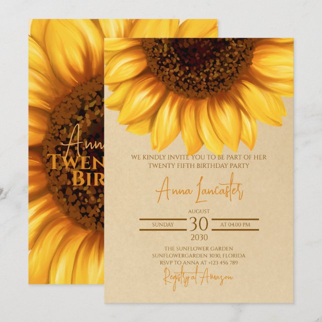 Invitación Aniversario del Girasol Rústico Elegante (Anverso / Reverso)