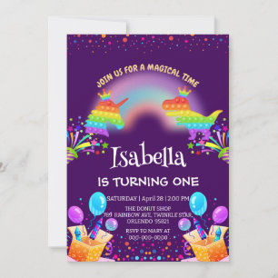 Invitación Aniversario del globo de arco iris de la dinosauri