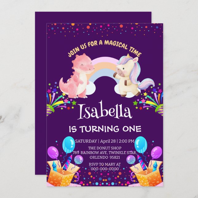 Invitación Aniversario del globo de arco iris de la dinosauri (Anverso / Reverso)