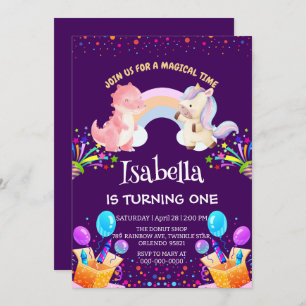 Invitación Aniversario del globo de arco iris de la dinosauri