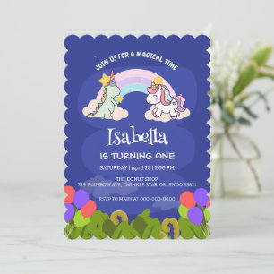 Invitación Aniversario del globo de arco iris de la dinosauri