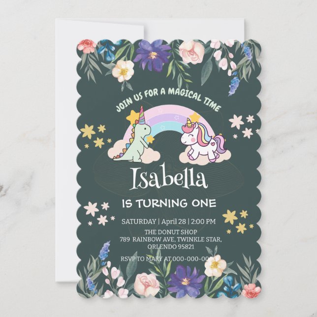 Invitación Aniversario del globo de arco iris de la dinosauri (Anverso)