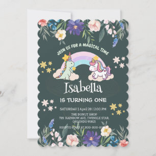 Invitación Aniversario del globo de arco iris de la dinosauri