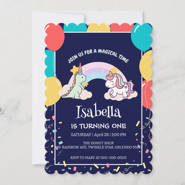 Invitación Aniversario del globo de arco iris de la dinosauri (Anverso)