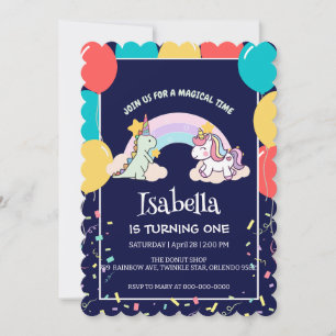 Invitación Aniversario del globo de arco iris de la dinosauri