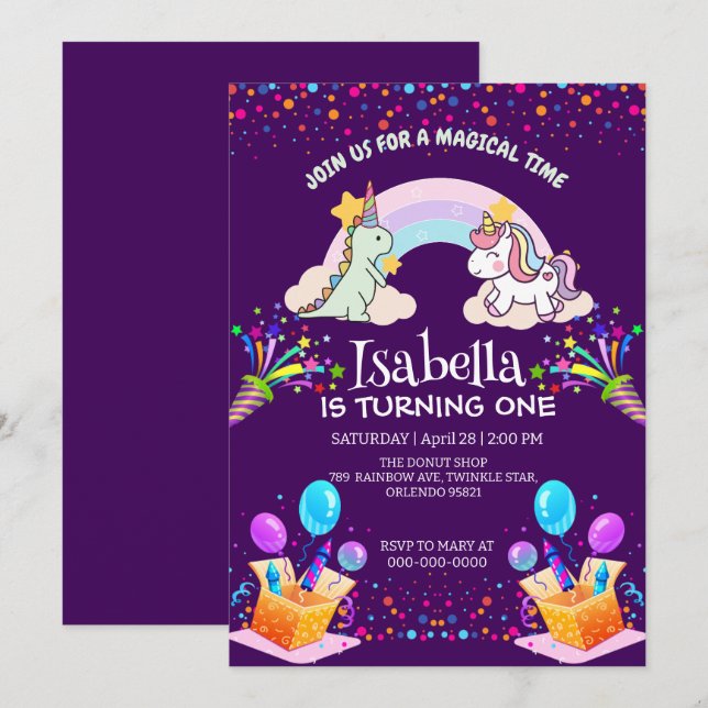 Invitación Aniversario del globo de arco iris de la dinosauri (Anverso / Reverso)