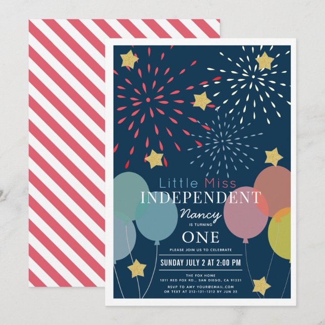 Invitación Aniversario del globo de la Pequeña Miss Independi (Anverso / Reverso)
