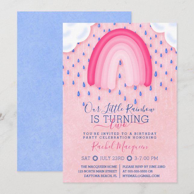 Invitación Aniversario del globo de las nubes de lluvia azul  (Anverso / Reverso)
